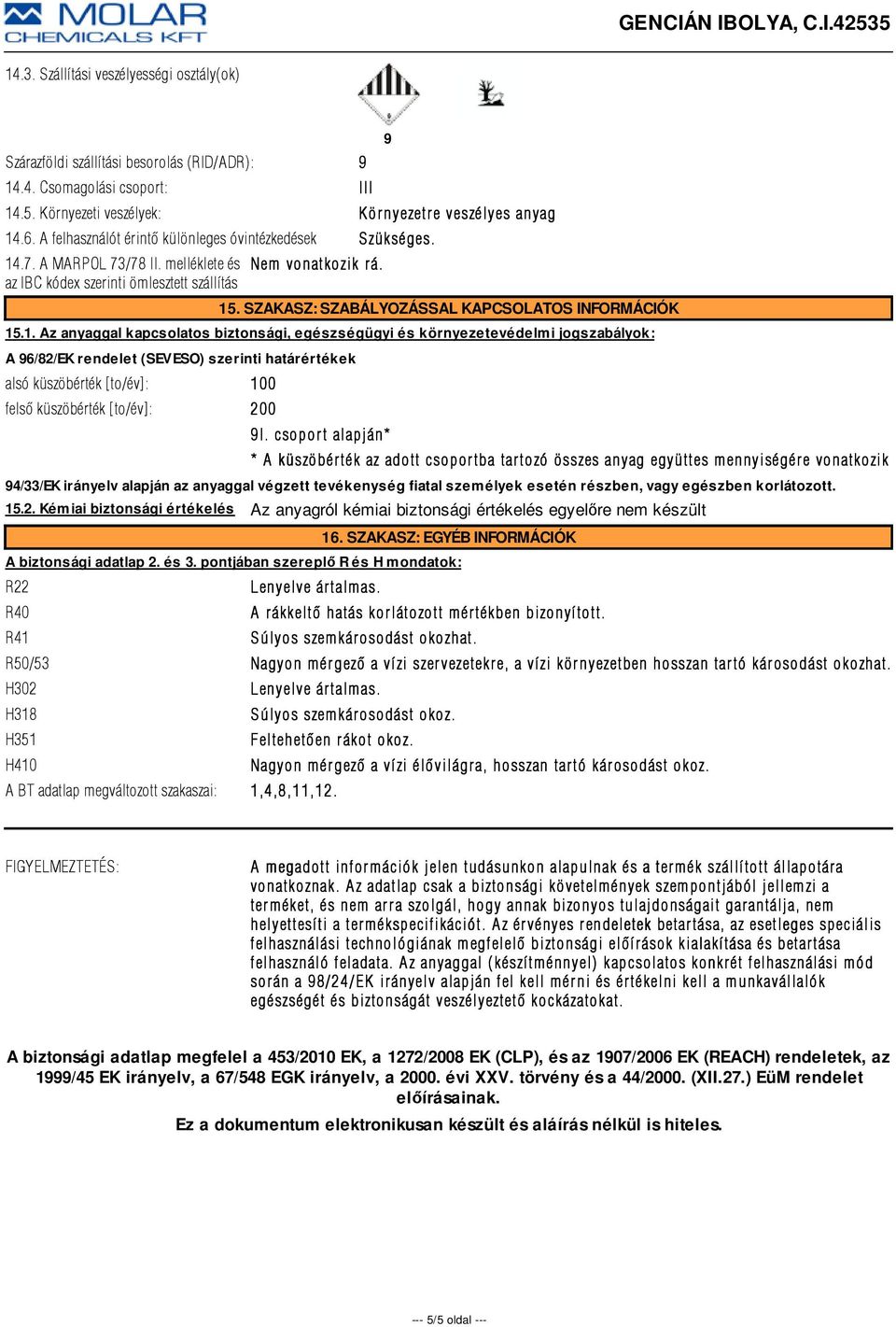 SZAKASZ: SZABÁLYOZÁSSAL KAPCSOLATOS INFORMÁCIÓK 15