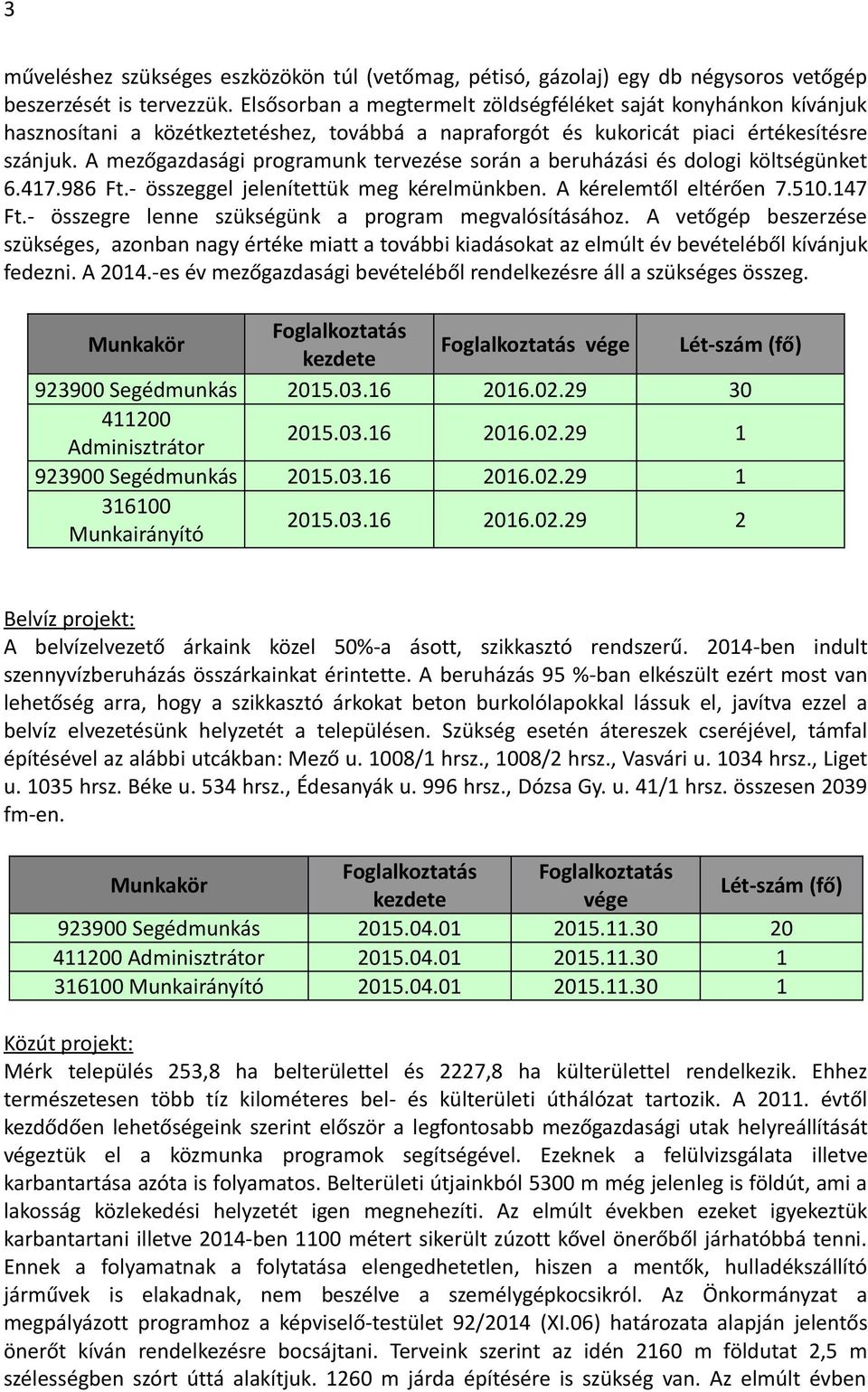 A mezőgazdasági programunk tervezése során a beruházási és dologi költségünket 6.417.986 Ft.- összeggel jelenítettük meg kérelmünkben. A kérelemtől eltérően 7.510.147 Ft.