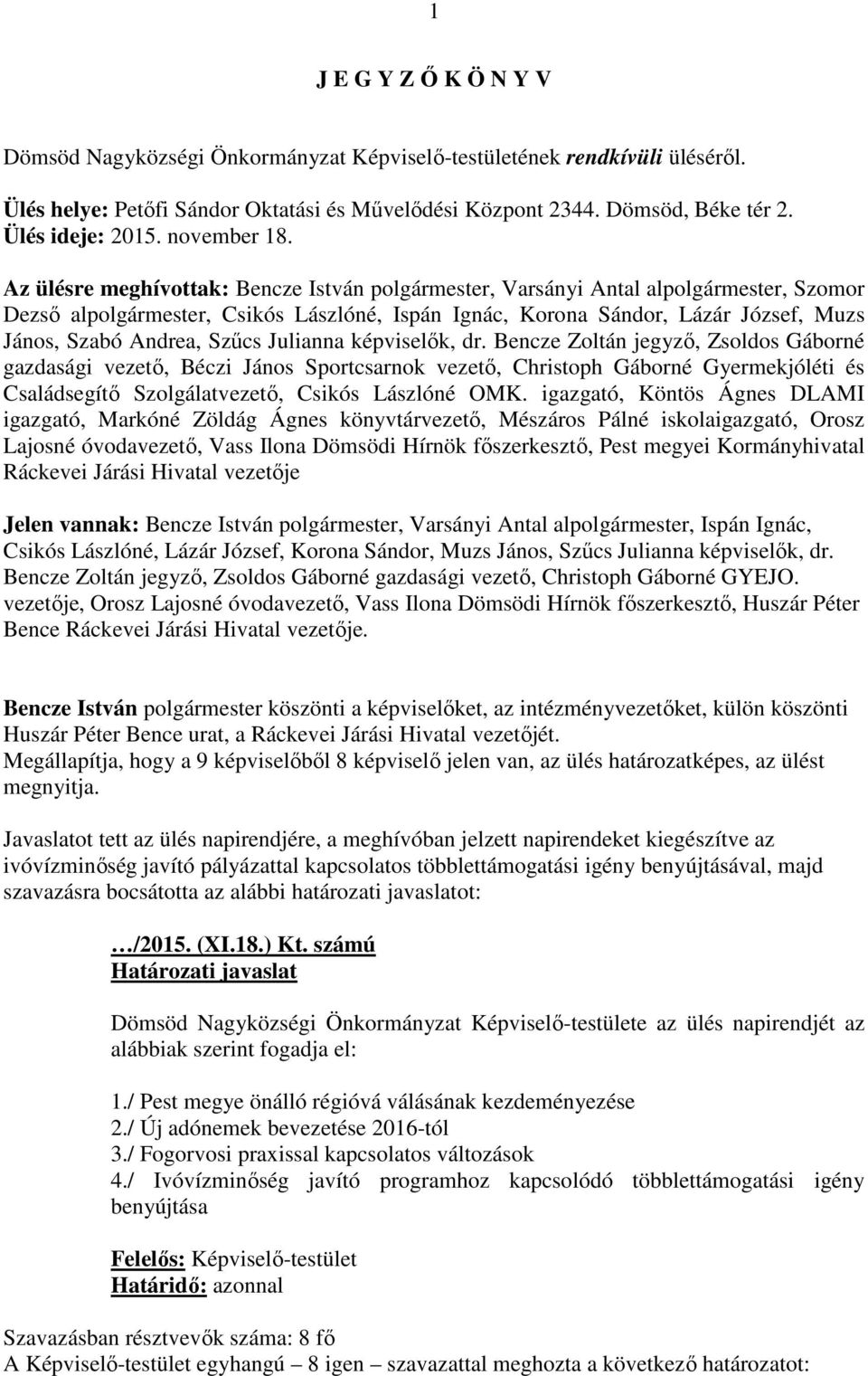 Az ülésre meghívottak: Bencze István polgármester, Varsányi Antal alpolgármester, Szomor Dezső alpolgármester, Csikós Lászlóné, Ispán Ignác, Korona Sándor, Lázár József, Muzs János, Szabó Andrea,