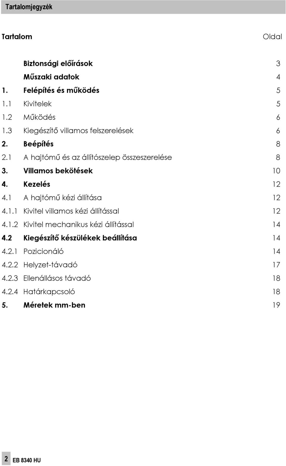 Kezelés 12 4.1 A hajtóm kézi állítása 12 4.1.1 Kivitel villamos kézi állítással 12 4.1.2 Kivitel mechanikus kézi állítással 14 4.