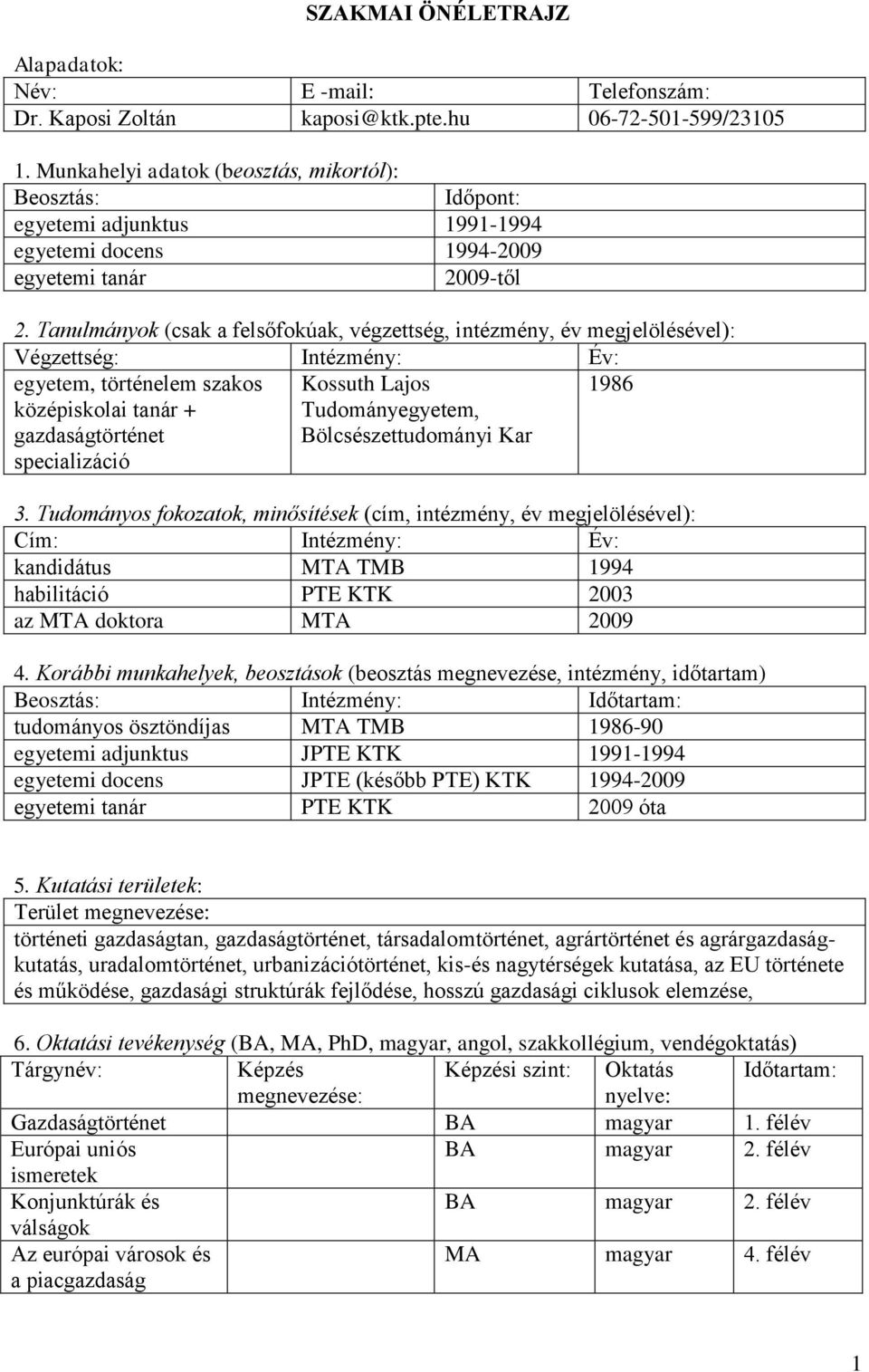 Tanulmányok (csak a felsőfokúak, végzettség, intézmény, év megjelölésével): Végzettség: Intézmény: Év: egyetem, történelem szakos középiskolai tanár + gazdaságtörténet specializáció Kossuth Lajos