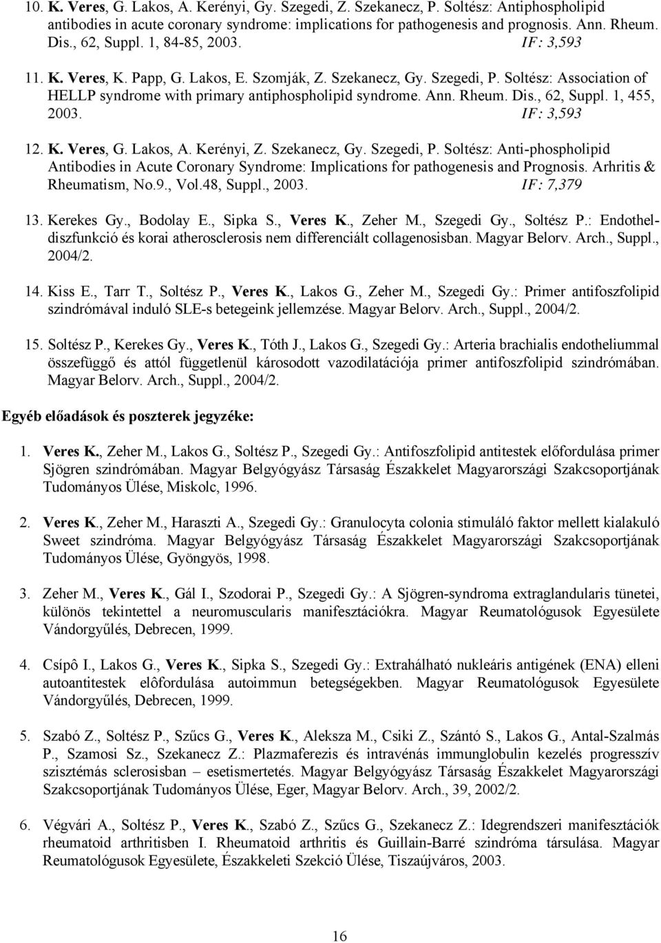 Rheum. Dis., 62, Suppl. 1, 455, 2003. IF: 3,593 12. K. Veres, G. Lakos, A. Kerényi, Z. Szekanecz, Gy. Szegedi, P.