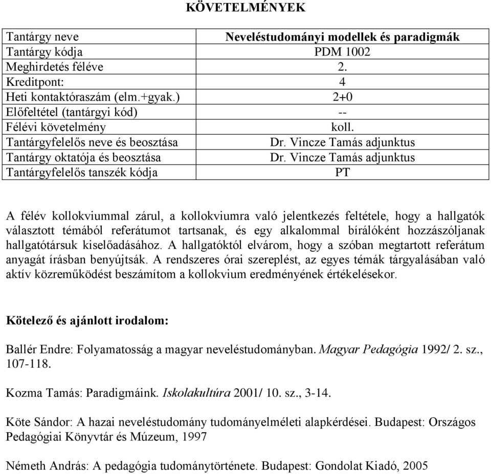 kiselőadásához. A hallgatóktól elvárom, hogy a szóban megtartott referátum anyagát írásban benyújtsák.