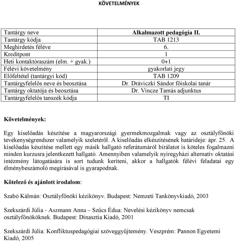 A kiselőadás elkészítésének határideje: ápr. 25. A kiselőadás készítése mellett egy másik hallgató referátumáról bírálatot is köteles fogalmazni minden kurzusra jelentkezett hallgató.