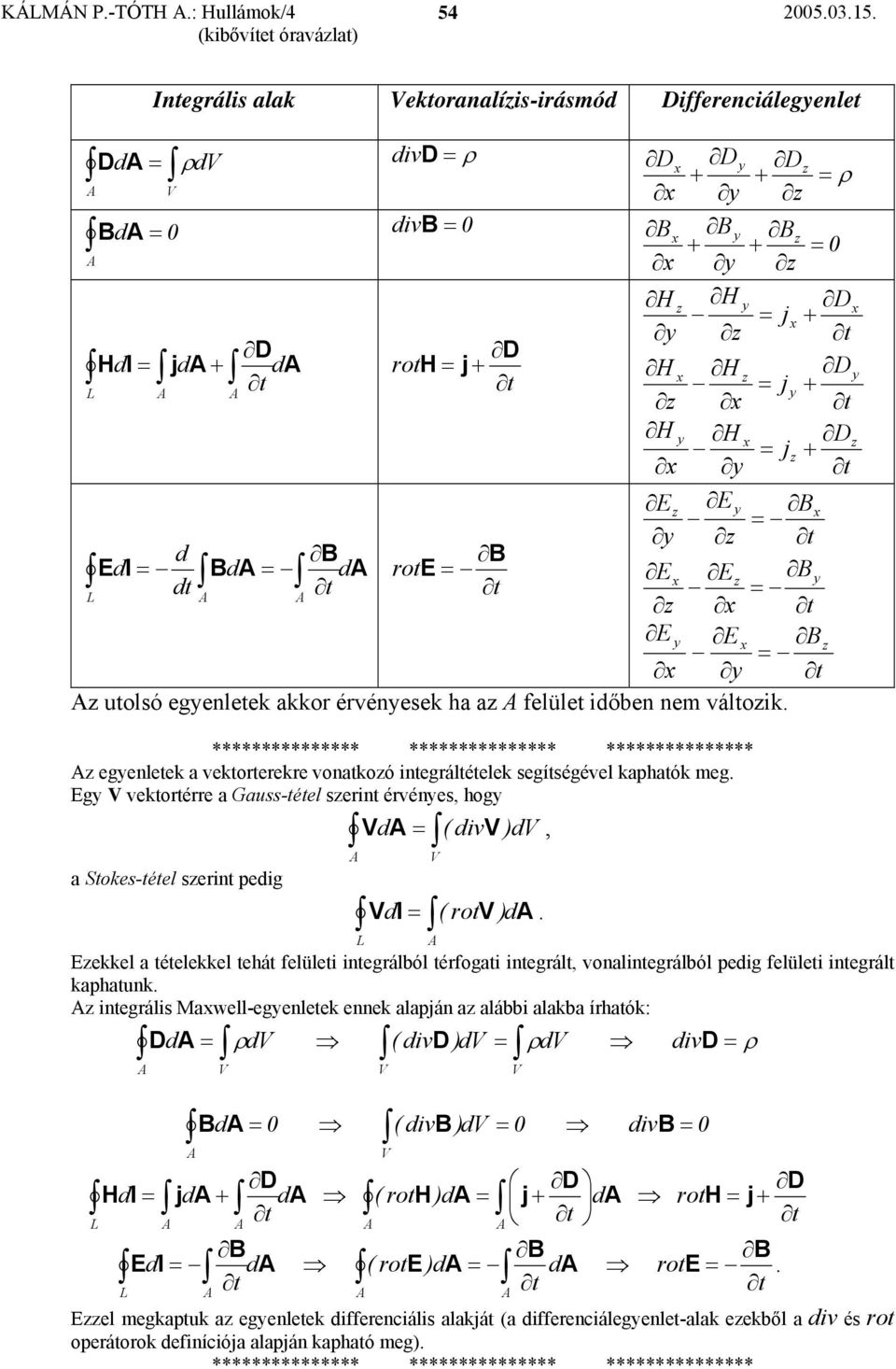 g ekorérre a Gauss-éel serin érénes, hog ) ( i, a Sokes-éel serin peig l ) ro ( L. ekkel a éelekkel ehá felülei inegrálból érfogai inegrál, onalinegrálból peig felülei inegrál kaphaunk.