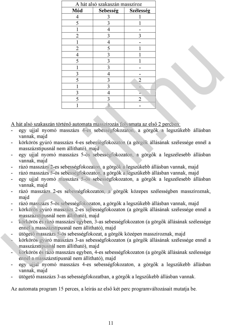 sebességfokozaton, a görgők a legszélesebb állásban - rázó masszázs 2-es sebességfokozaton, a görgők a legszűkebb állásban - rázó masszázs 5-ös sebességfokozaton, a görgők a legszűkebb állásban - egy