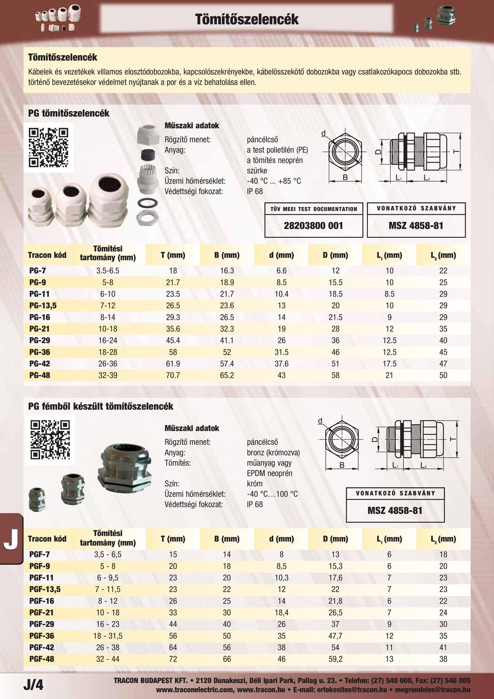 .. +85 C Védettségi fokozat: IP 68 TÜV MEEI TEST DOCUMENTATION 28203800 001 MSZ 4858-81 Tömítési tartomány (mm) T (mm) B (mm) d (mm) D (mm) L 1 (mm) L 2 (mm) PG-7 3.5-6.5 18 16.3 6.