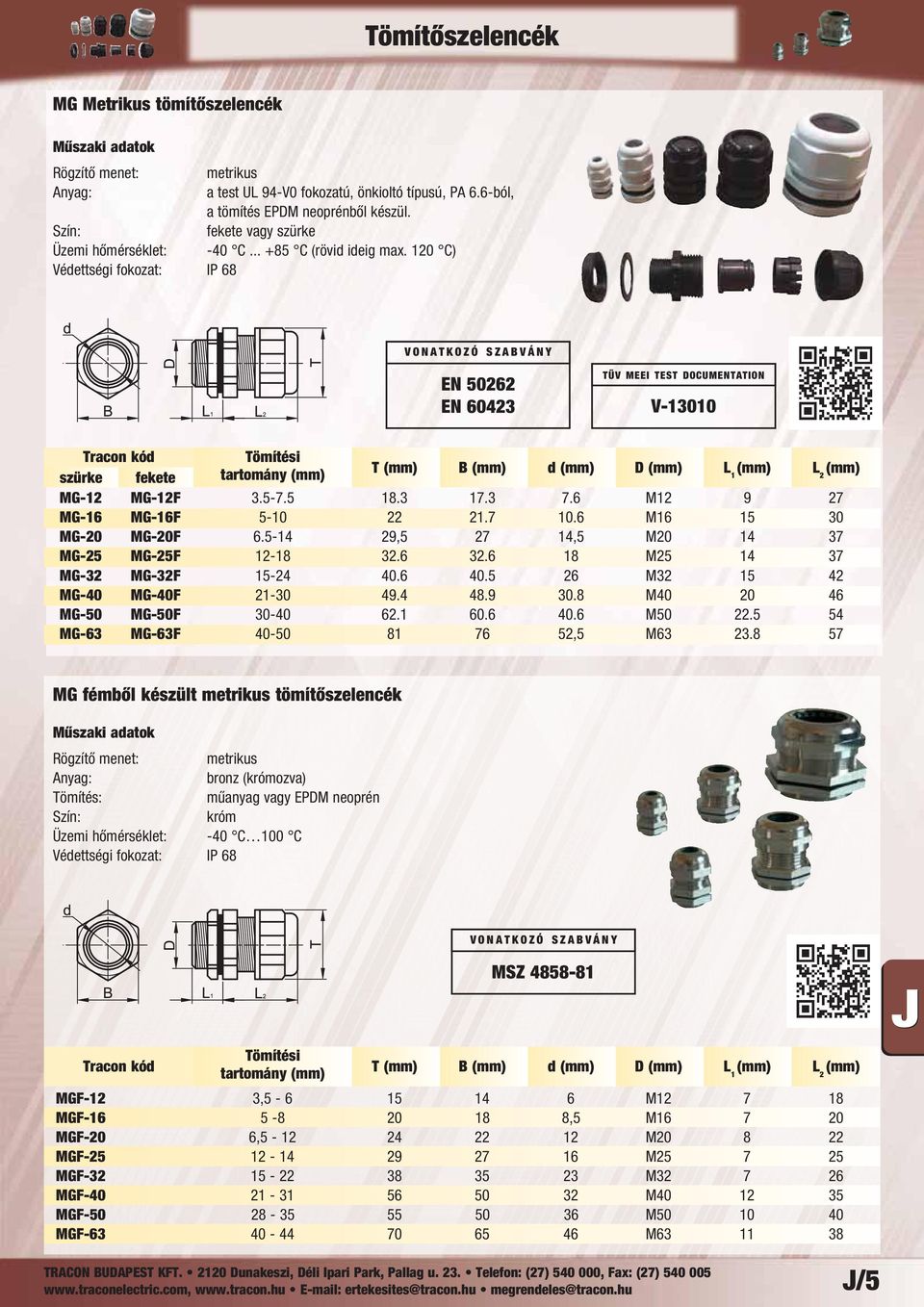 120 C) Védettségi fokozat: IP 68 EN 50262 EN 60423 TÜV MEEI TEST DOCUMENTATION V-13010 Tömítési szürke fekete tartomány (mm) T (mm) B (mm) d (mm) D (mm) L 1 (mm) L 2 (mm) MG-12 MG-12F 3.5-7.5 18.3 17.