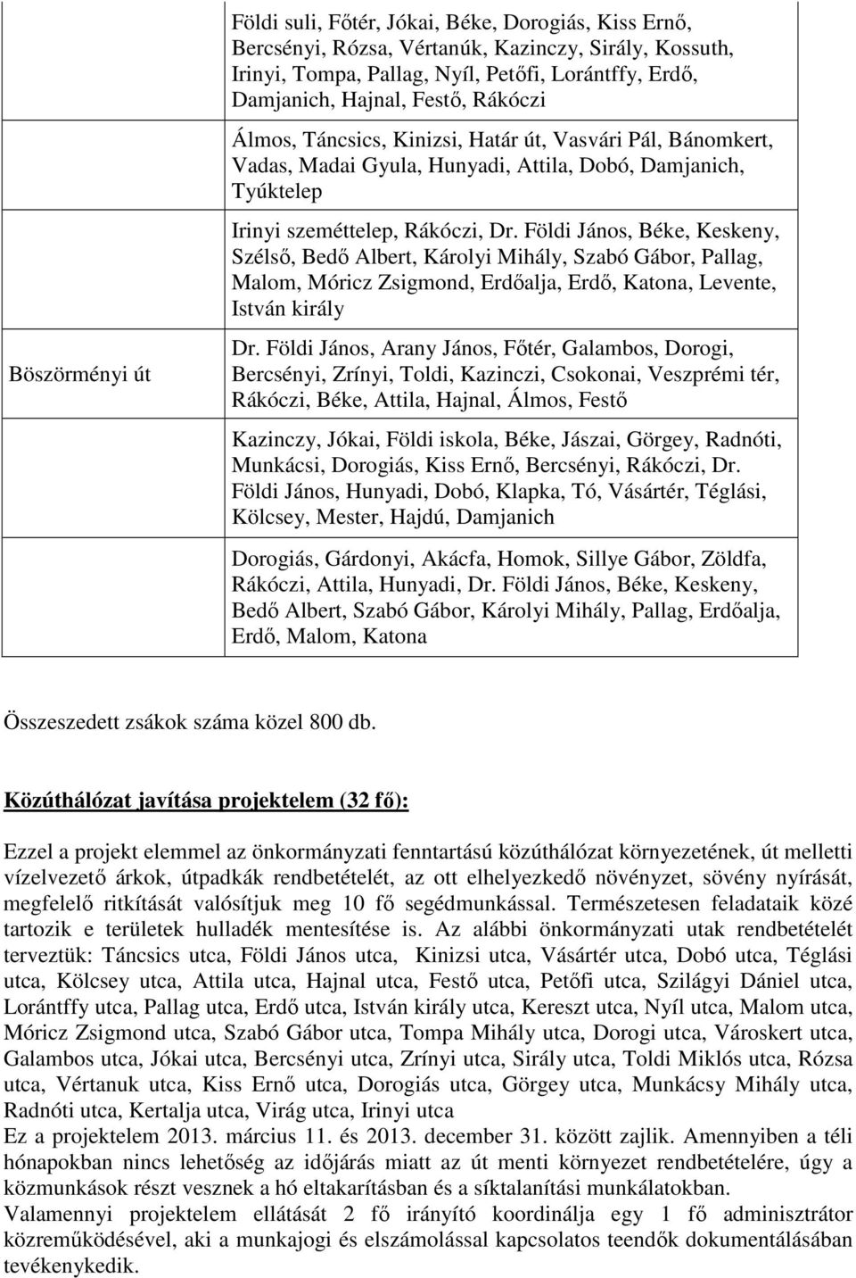 Földi János, Béke, Keskeny, Szélső, Bedő Albert, Károlyi Mihály, Szabó Gábor, Pallag, Malom, Móricz Zsigmond, Erdőalja, Erdő, Katona, Levente, István király Dr.