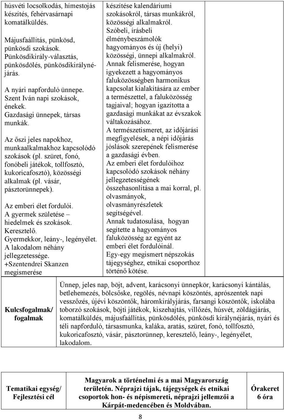 szüret, fonó, fonóbeli játékok, tollfosztó, kukoricafosztó), közösségi alkalmak (pl. vásár, pásztorünnepek). Az emberi élet fordulói. A gyermek születése hiedelmek és szokások. Keresztelő.