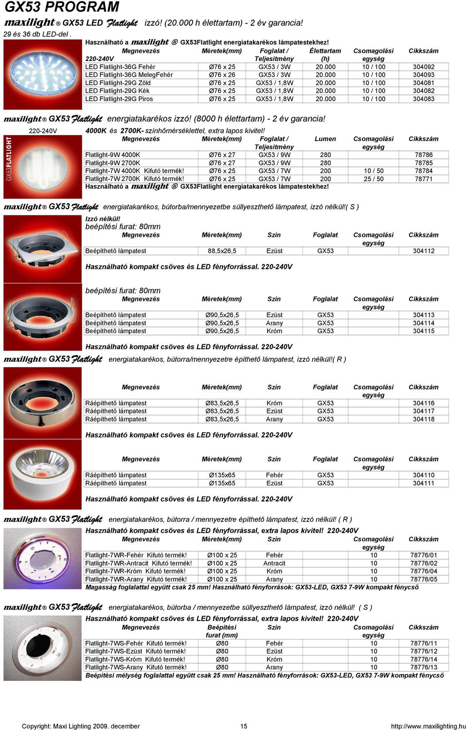 000 10 / 100 304093 LED Flatlight-29G Zöld Ø76 x 25 GX53 / 1,8W 20.000 10 / 100 304081 LED Flatlight-29G Kék Ø76 x 25 GX53 / 1,8W 20.