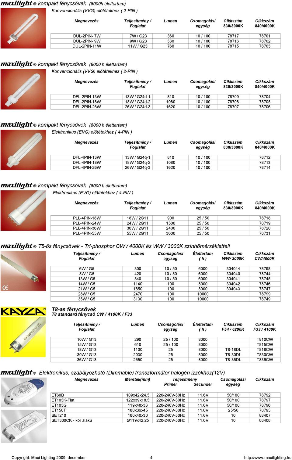 2-PIN ) Megnevezés / Lumen Csomagolási Cikkszám Cikkszám Foglalat 830/3000K 840/4000K DFL-2PIN-13W 13W / G24d-1 810 10 / 100 78709 78704 DFL-2PIN-18W 18W / G24d-2 1080 10 / 100 78708 78705