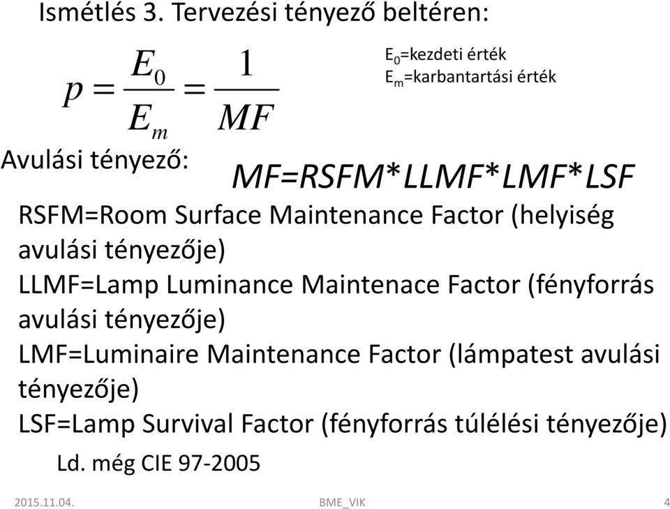 érték MF=RSFM*LLMF*LMF*LSF RSFM=RoomSurfaceMaintenanceFactor(helyiség avulási tényezője)