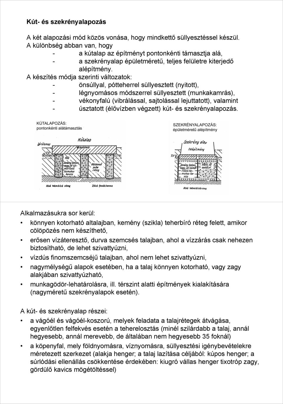 A készítés módja szerinti változatok: - önsúllyal, pótteherrel süllyesztett (nyitott), - légnyomásos módszerrel süllyesztett (munkakamrás), - vékonyfalú (vibrálással, sajtolással lejuttatott),