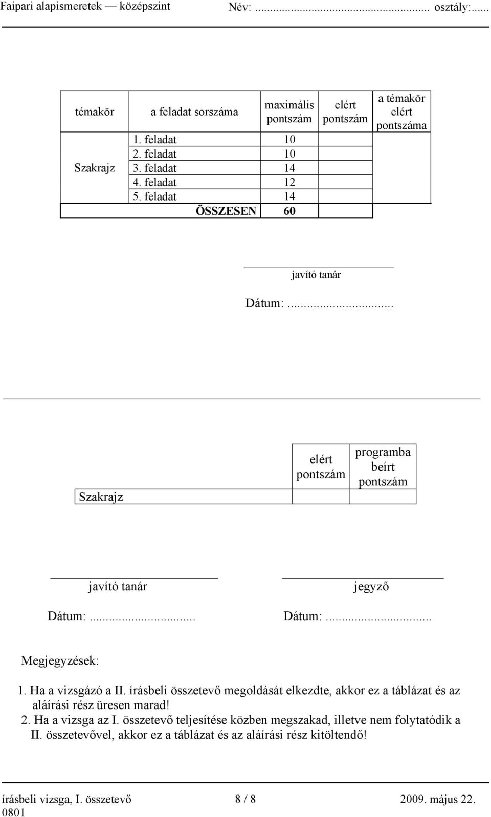 .. Szakrajz elért pontszám programba beírt pontszám javító tanár jegyző Dátum:... Dátum:... Megjegyzések: 1. Ha a vizsgázó a II.
