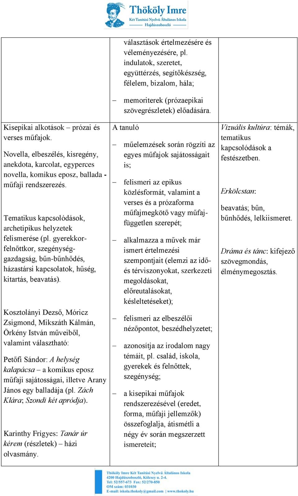 Kosztolányi Dezső, Móricz Zsigmond, Mikszáth Kálmán, Örkény István műveiből, valamint választható: Petőfi Sándor: A helység kalapácsa a komikus eposz műfaji sajátosságai, illetve Arany János egy