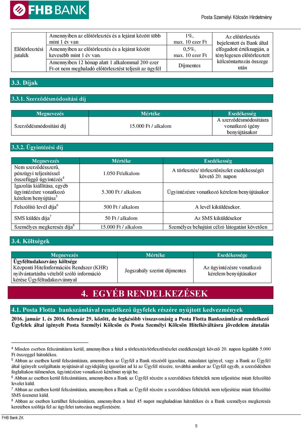 10 ezer Ft Díjmentes Az előtörlesztés bejelentett és Bank által elfogadott értéknapján, a ténylegesen előtörlesztett kölcsöntartozás összege után 3.3. Díjak 3.3.1. Szerződésmódosítási díj Megnevezés Mértéke Esedékesség Szerződésmódosítási díj 15.