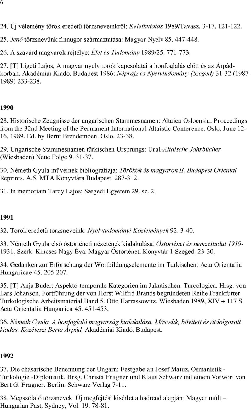 Budapest 1986: Néprajz és Nyelvtudomány (Szeged) 31-32 (1987-1989) 233-238. 1990 28. Historische Zeugnisse der ungarischen Stammesnamen: Altaica Osloensia.