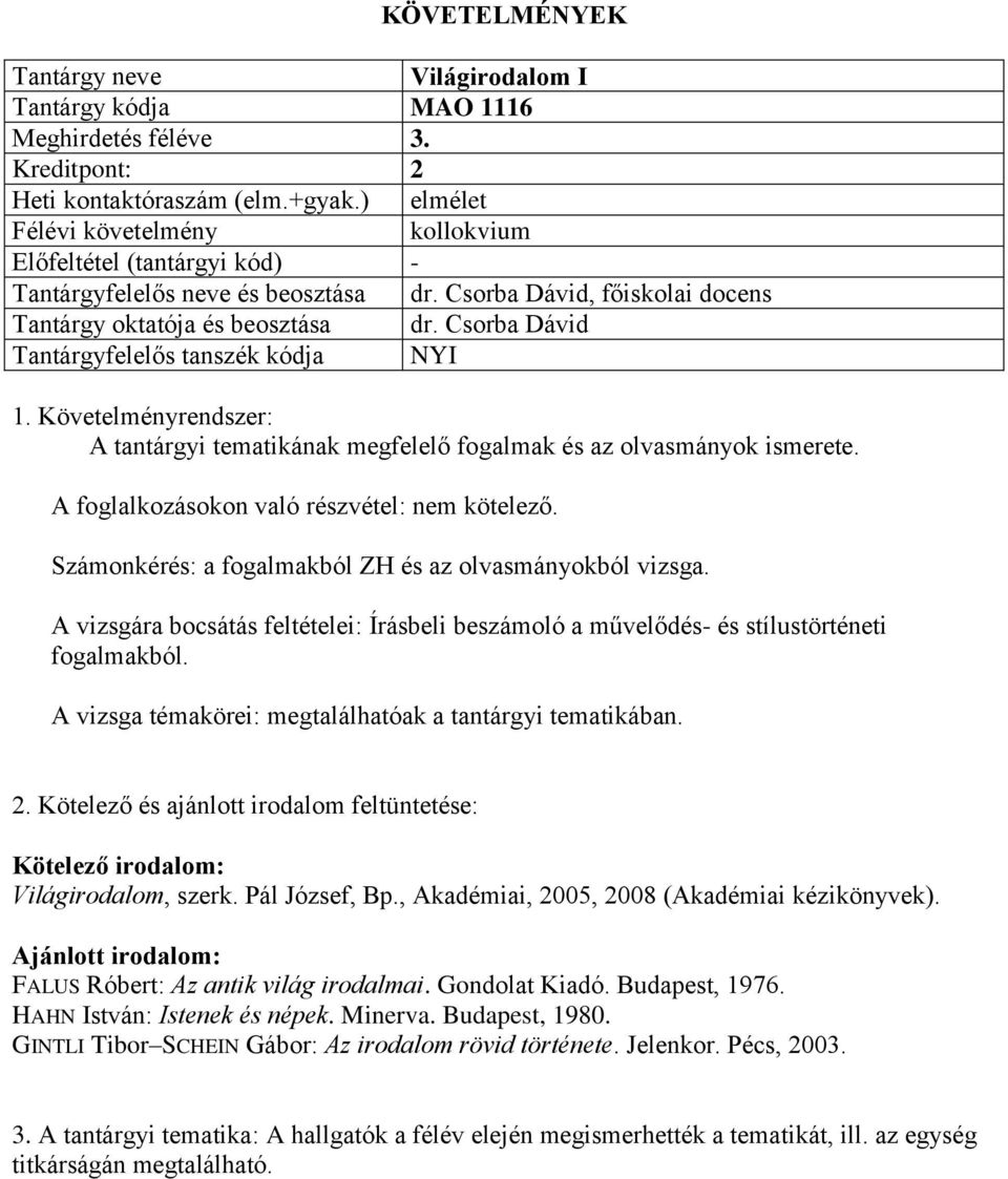 Számonkérés: a fogalmakból ZH és az olvasmányokból vizsga. A vizsgára bocsátás feltételei: Írásbeli beszámoló a művelődés- és stílustörténeti fogalmakból.