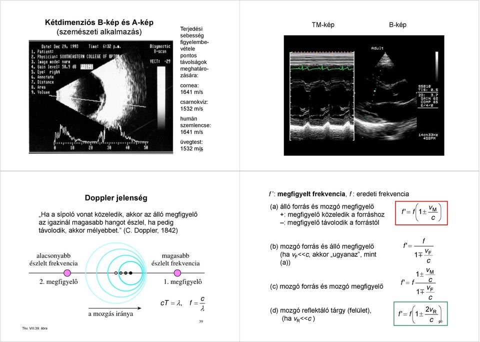 (C. Doppler, 84) T = λ, = λ 39 : megigyelt rekvenia, : eredeti rekvenia (a) álló orrás és mozgó megigyelő +: megigyelő közeledik a orráshoz : megigyelő távolodik a orrástól (b) mozgó