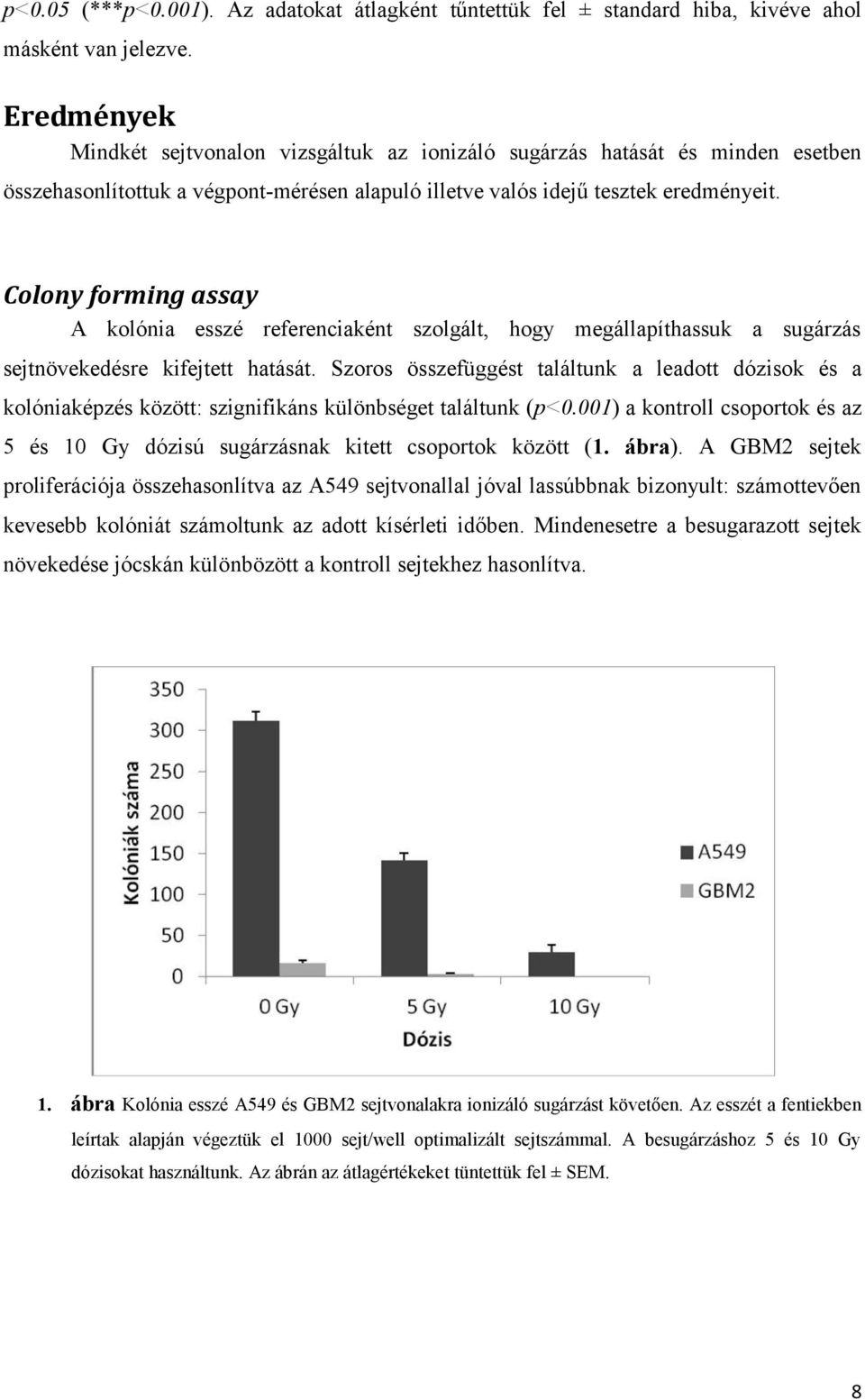 Colony forming assay A kolónia esszé referenciaként szolgált, hogy megállapíthassuk a sugárzás sejtnövekedésre kifejtett hatását.