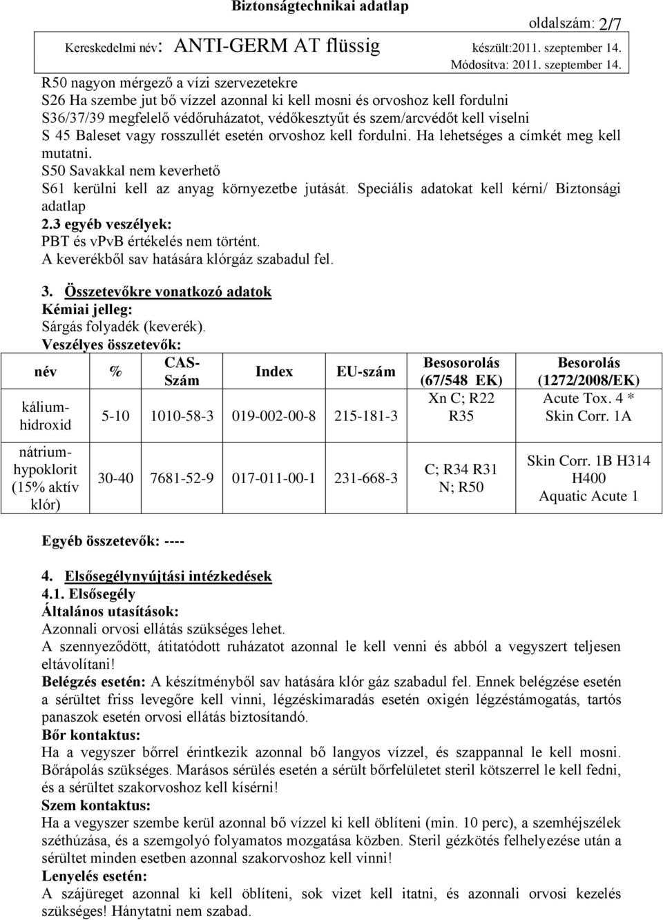 Speciális adatokat kell kérni/ Biztonsági adatlap 2.3 egyéb veszélyek: PBT és vpvb értékelés nem történt. A keverékből sav hatására klórgáz szabadul fel. 2/7 3.