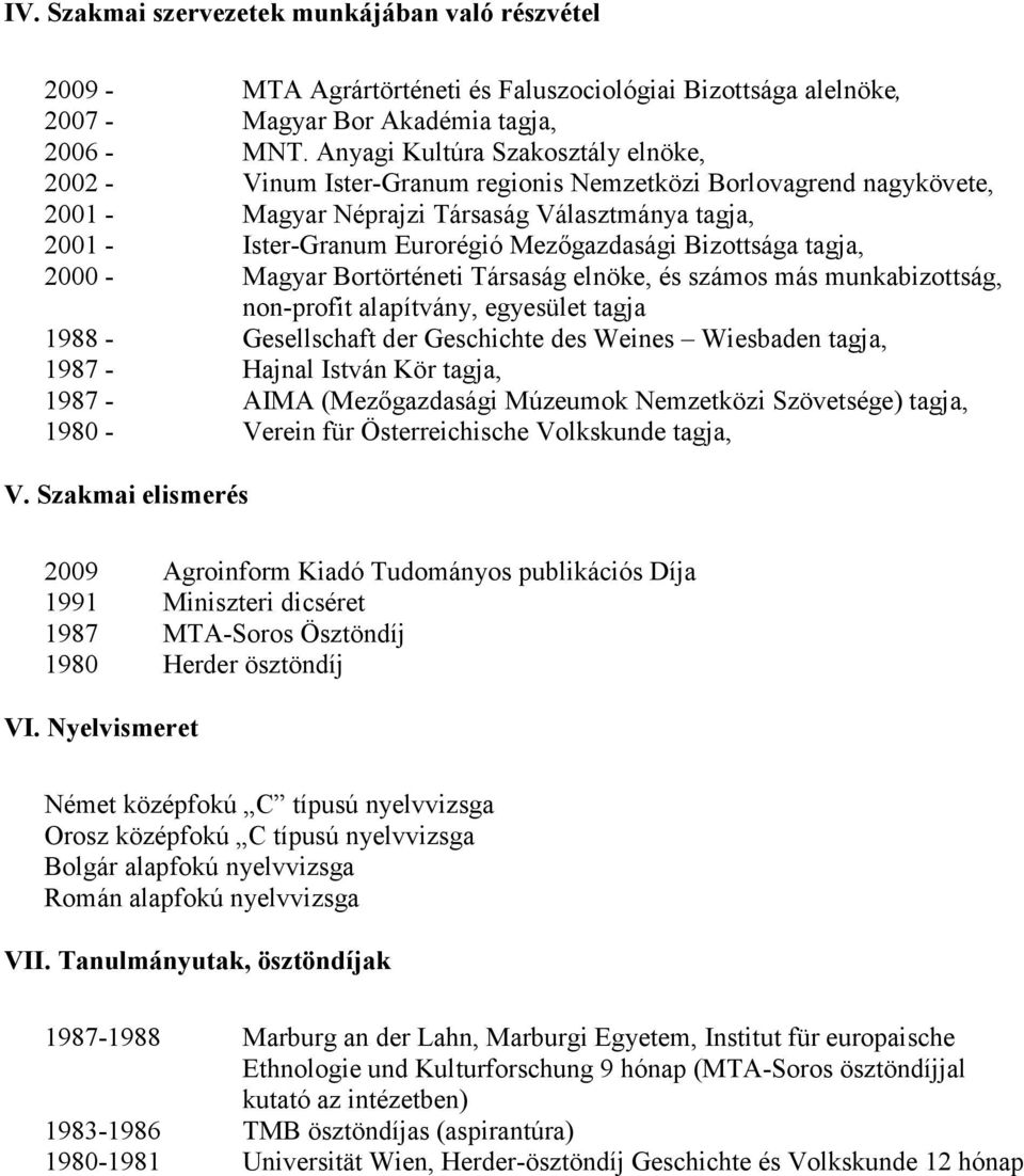 Mezıgazdasági Bizottsága tagja, 2000 - Magyar Bortörténeti Társaság elnöke, és számos más munkabizottság, non-profit alapítvány, egyesület tagja 1988 - Gesellschaft der Geschichte des Weines