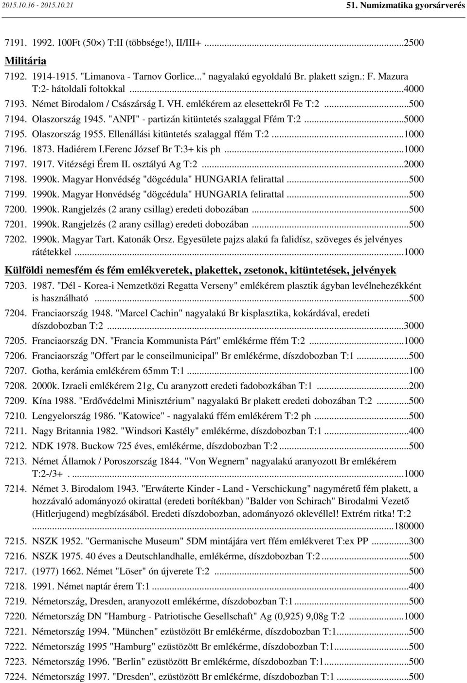 Ellenállási kitüntetés szalaggal ffém T:2...1000 7196. 1873. Hadiérem I.Ferenc József Br T:3+ kis ph...1000 7197. 1917. Vitézségi Érem II. osztályú Ag T:2...2000 7198. 1990k.