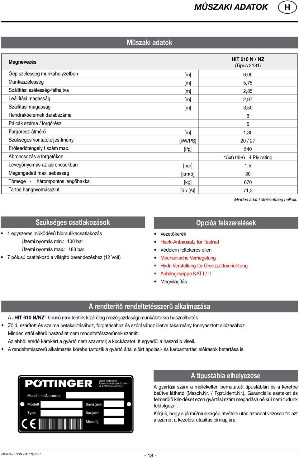 [f/p] 540 Abroncsozás a forgatókon 15x6.00-6 4 Ply rating Levegônyomás az abroncsokban [bar] 1,5 Megengedett max.
