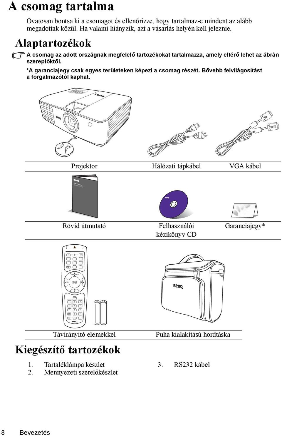 Alaptartozékok A csomag az adott országnak megfelelő tartozékokat tartalmazza, amely eltérő lehet az ábrán szereplőktől.