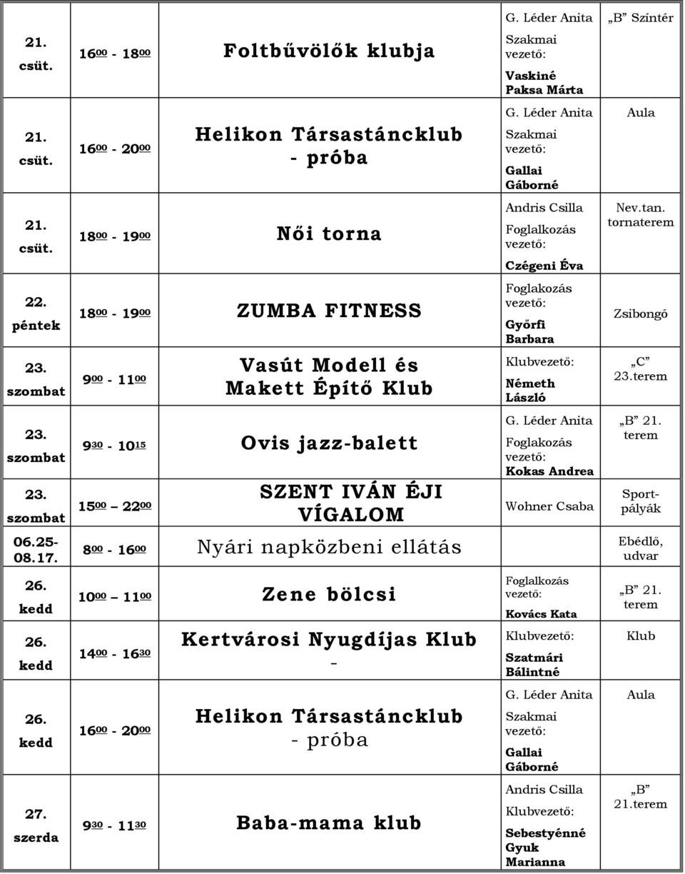 16 00-18 00 Foltbűvölők klubja 1500 22 00 Sportpályák 025-08.