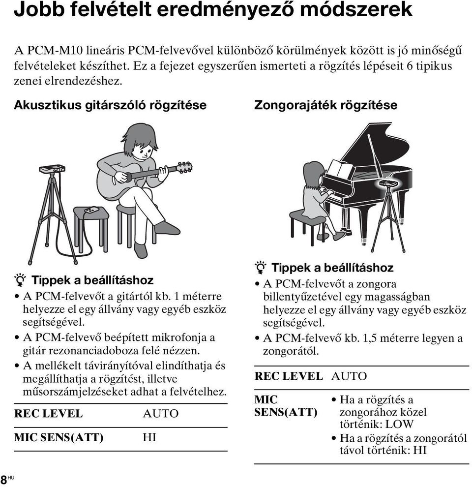 1 méterre helyezze el egy állvány vagy egyéb eszköz segítségével. A PCM-felvevő beépített mikrofonja a gitár rezonanciadoboza felé nézzen.