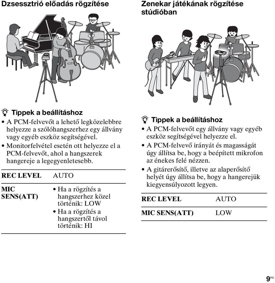 REC LEVEL MIC SENS(ATT) AUTO Ha a rögzítés a hangszerhez közel történik: LOW Ha a rögzítés a hangszertől távol történik: HI z Tippek a beállításhoz A PCM-felvevőt egy állvány vagy egyéb