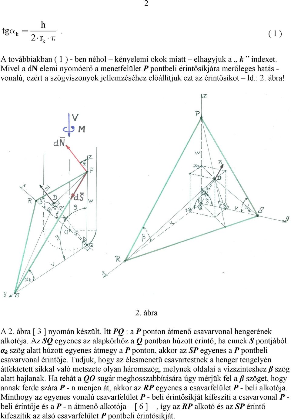 2 ábra A 2 ábra [ 3 ] nyomán készült Itt PQ : a P ponton átmenő csavarvonal hengerének alkotója Az SQ egyenes az alapkörhöz a Q pontban húzott érintő; ha ennek S pontjából α k szög alatt húzott
