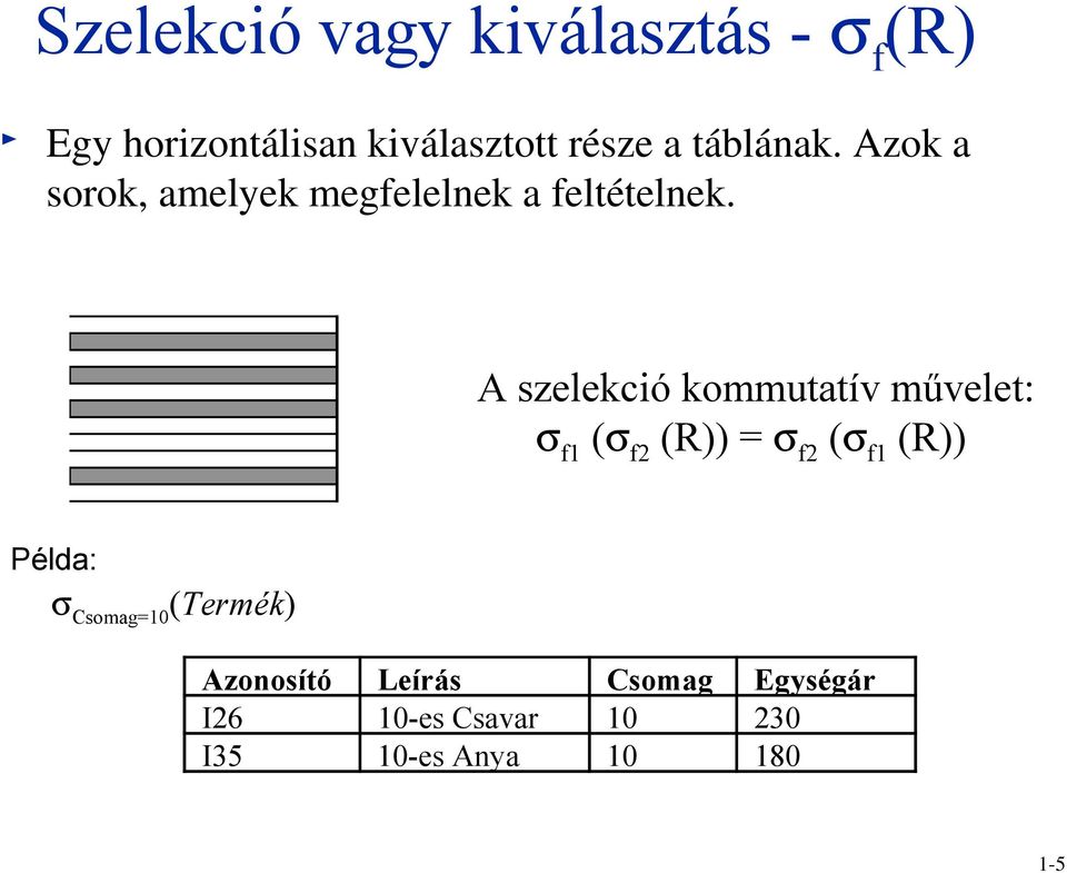 A szelekció kommutatív művelet: σ f1 (σ f2 (R)) = σ f2 (σ f1 (R)) Példa: σ