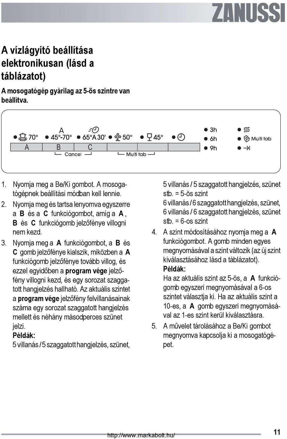 Nyomja meg a A funkciógombot, a B és C gomb jelzőfénye kialszik, miközben a A funkciógomb jelzőfénye tovább villog, és ezzel egyidőben a program vége jelzőfény villogni kezd, és egy sorozat