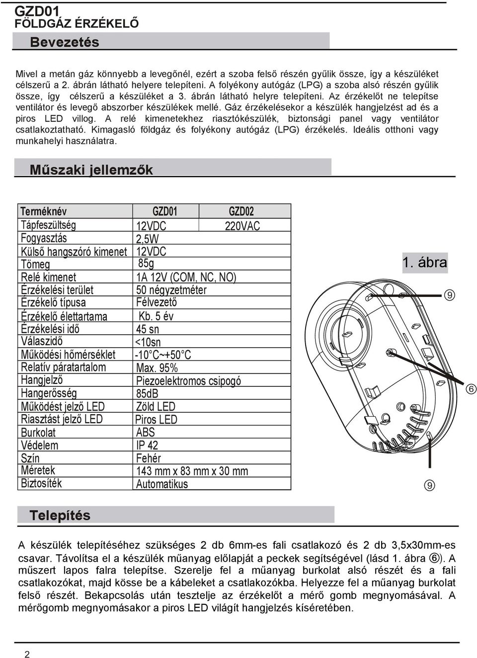 Gáz érzékelésekor a készülék hangjelzést ad és a piros LED villog. A relé kimenetekhez riasztókészülék, biztonsági panel vagy ventilátor csatlakoztatható.