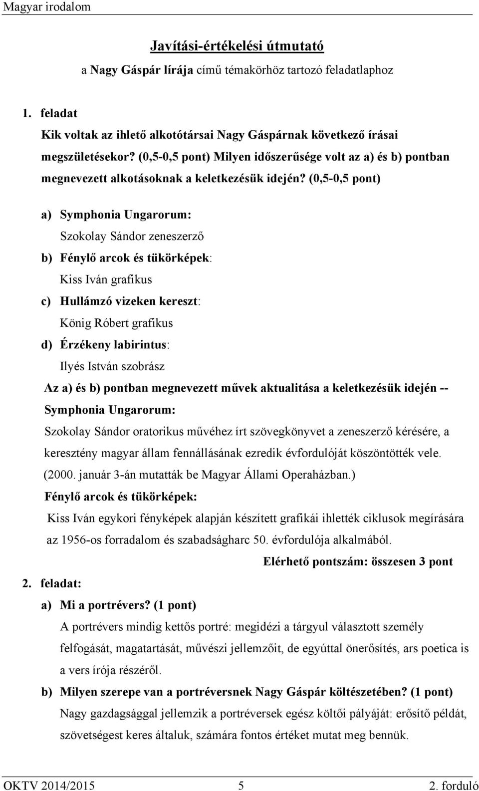 (0,5-0,5 pont) a) Symphonia Ungarorum: Szokolay Sándor zeneszerző b) Fénylő arcok és tükörképek: Kiss Iván grafikus c) Hullámzó vizeken kereszt: König Róbert grafikus d) Érzékeny labirintus: Ilyés