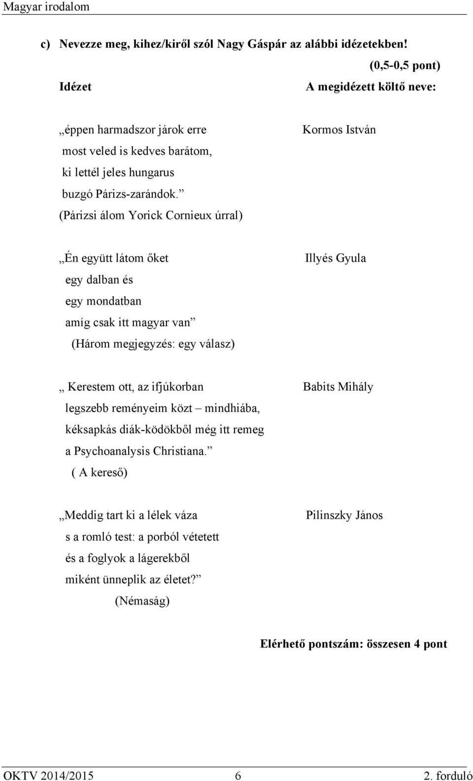 (Párizsi álom Yorick Cornieux úrral) Kormos István Én együtt látom őket egy dalban és egy mondatban amíg csak itt magyar van (Három megjegyzés: egy válasz) Illyés Gyula Kerestem ott, az