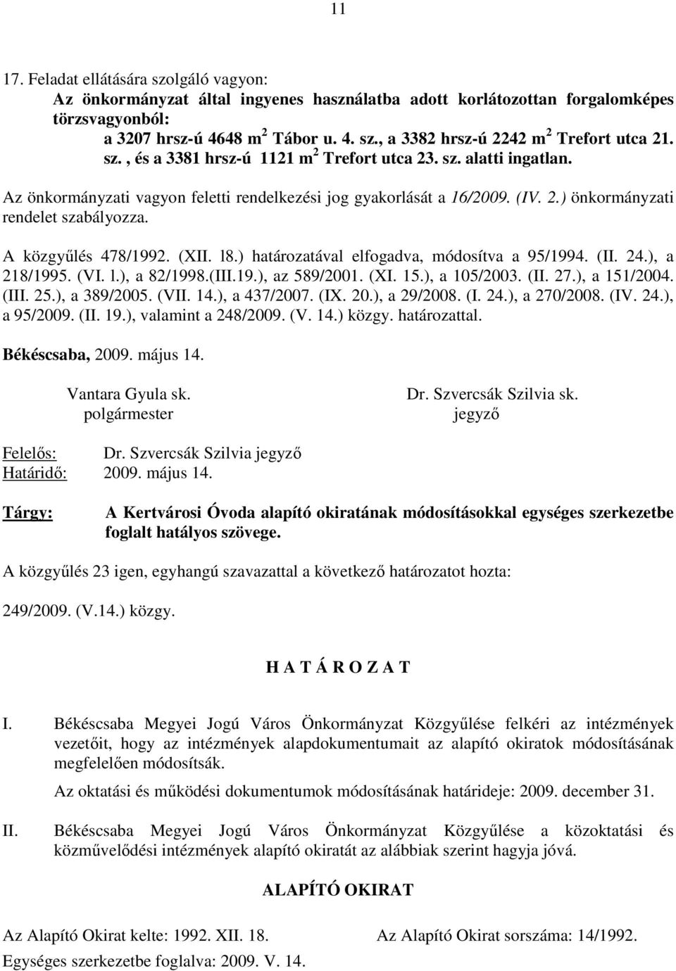 A közgyőlés 478/1992. (XII. l8.) határozatával elfogadva, módosítva a 95/1994. (II. 24.), a 218/1995. (VI. l.), a 82/1998.(III.19.), az 589/2001. (XI. 15.), a 105/2003. (II. 27.), a 151/2004. (III.