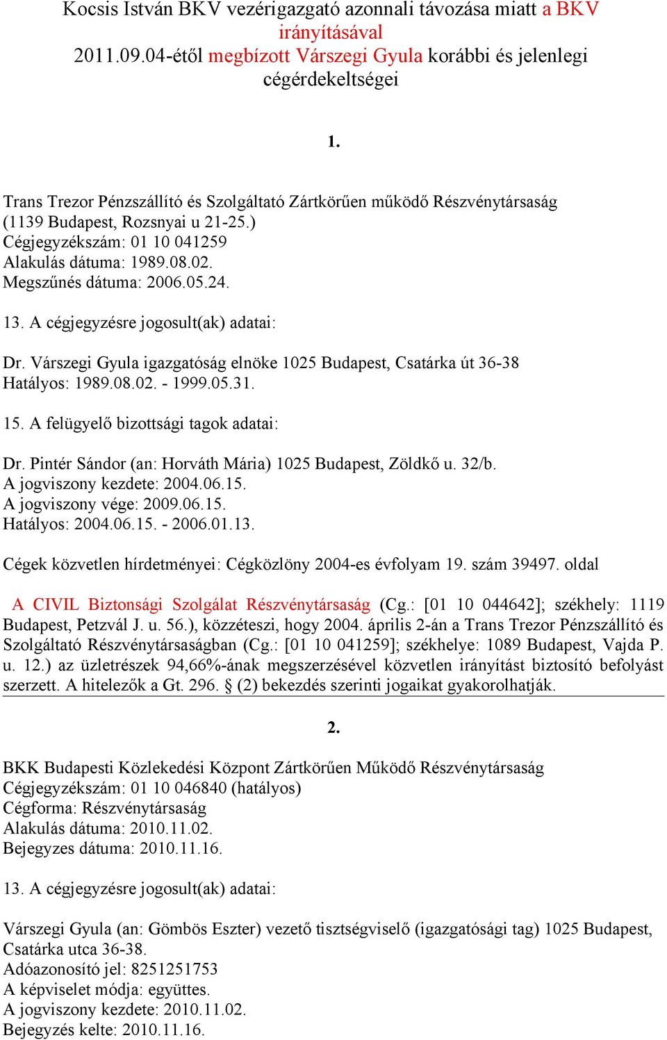 Dr. Várszegi Gyula igazgatóság elnöke 1025 Budapest, Csatárka út 36-38 Hatályos: 1989.08.02. - 1999.05.31. 15. A felügyelő bizottsági tagok adatai: Dr.