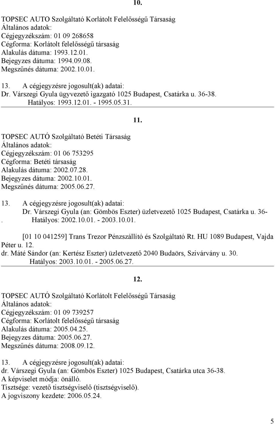 TOPSEC AUTÓ Szolgáltató Betéti Társaság Cégjegyzékszám: 01 06 753295 Cégforma: Betéti társaság Alakulás dátuma: 2002.07.28. Bejegyzes dátuma: 2002.10.01. Megszűnés dátuma: 2005.06.27. 11. Dr.