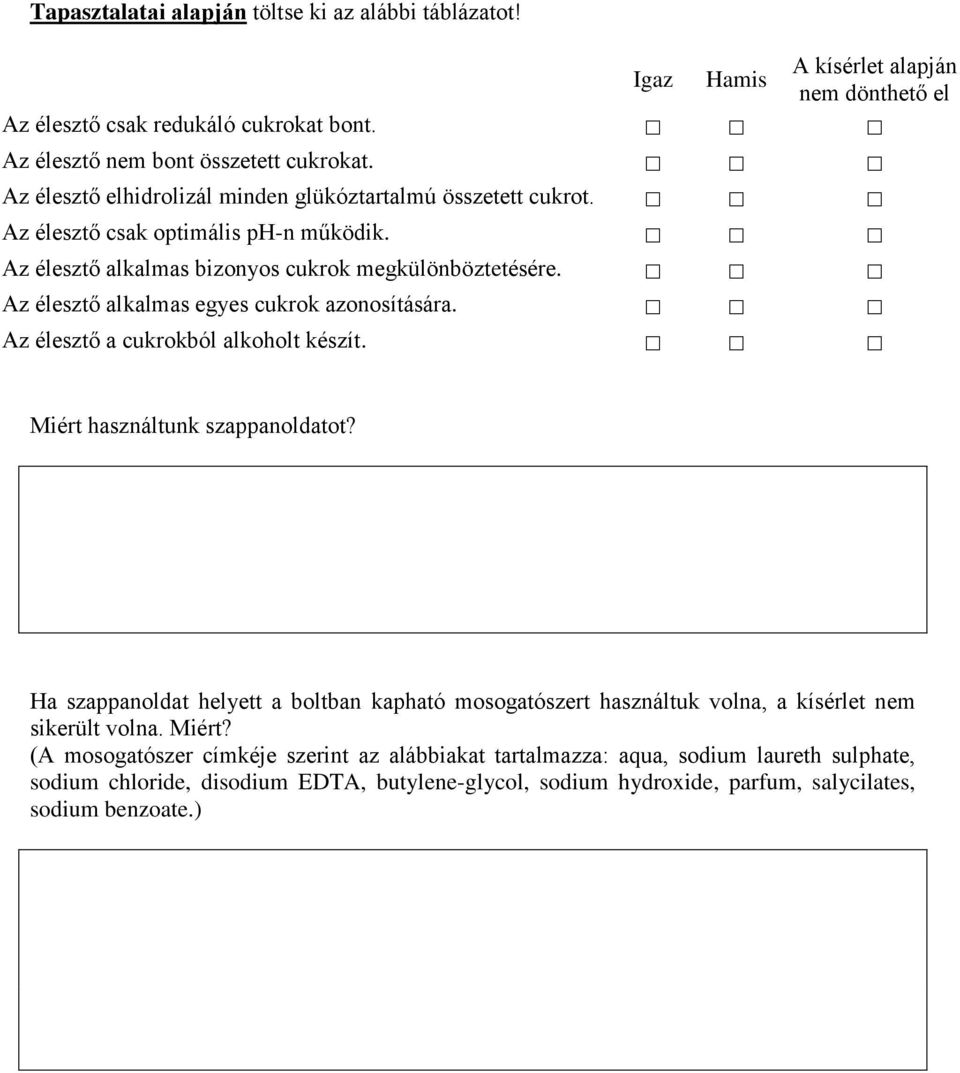 Az élesztő alkalmas egyes cukrok azonosítására. Az élesztő a cukrokból alkoholt készít. Miért használtunk szappanoldatot?