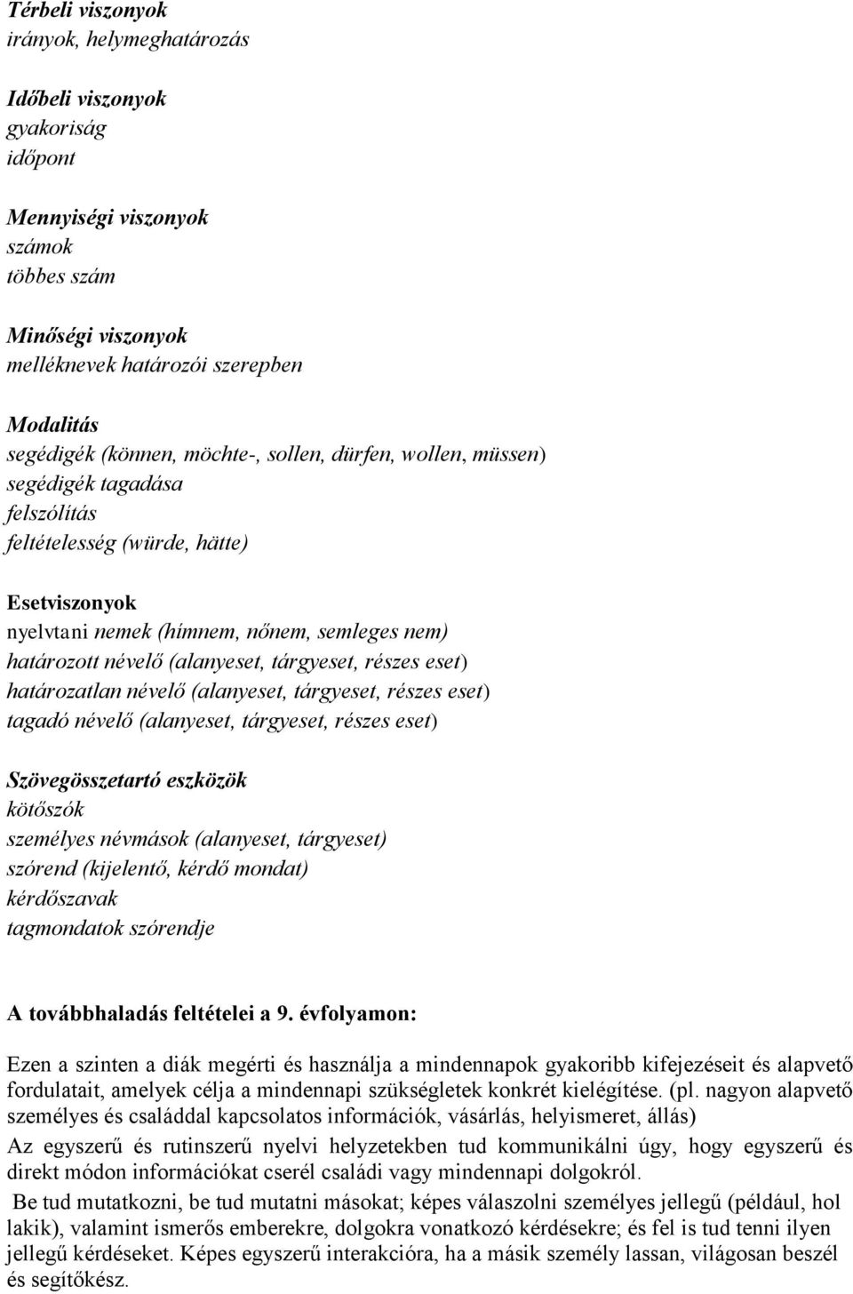 tárgyeset, részes eset) határozatlan névelő (alanyeset, tárgyeset, részes eset) tagadó névelő (alanyeset, tárgyeset, részes eset) Szövegösszetartó eszközök kötőszók személyes névmások (alanyeset,