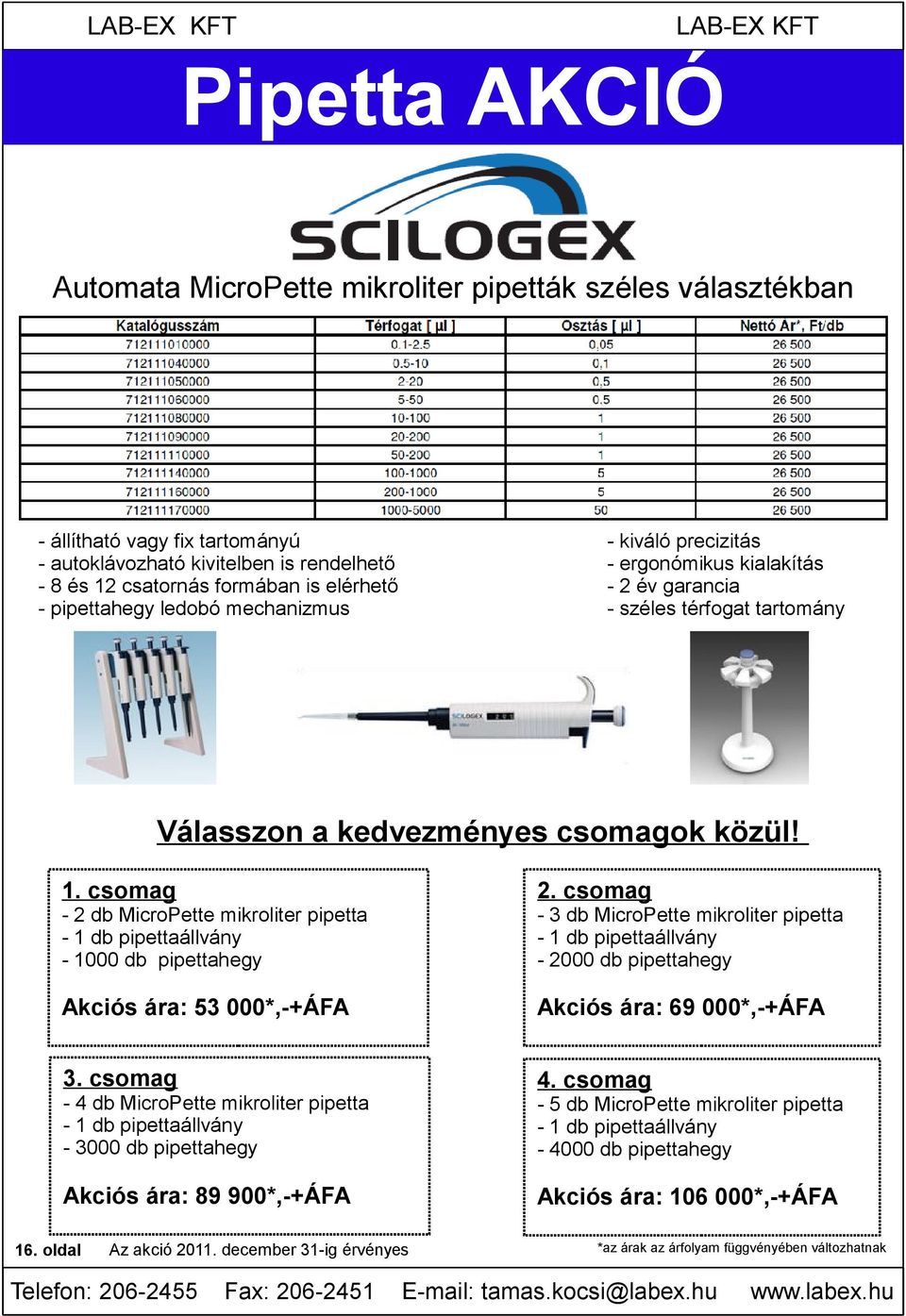 csomag - 2 db MicroPette mikroliter pipetta - 1 db pipettaállvány - 1000 db pipettahegy Akciós ára: 53 000*,-+ÁFA 2.