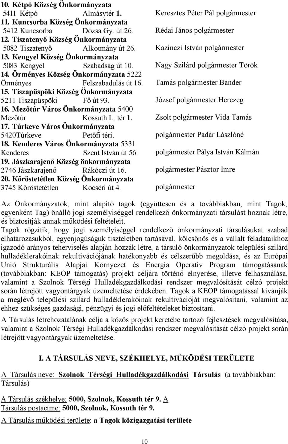 tér 1. 17. Túrkeve Város Önkormányzata 5420Túrkeve Petőfi téri. 18. Kenderes Város Önkormányzata 5331 Kenderes Szent István út 56. 19.