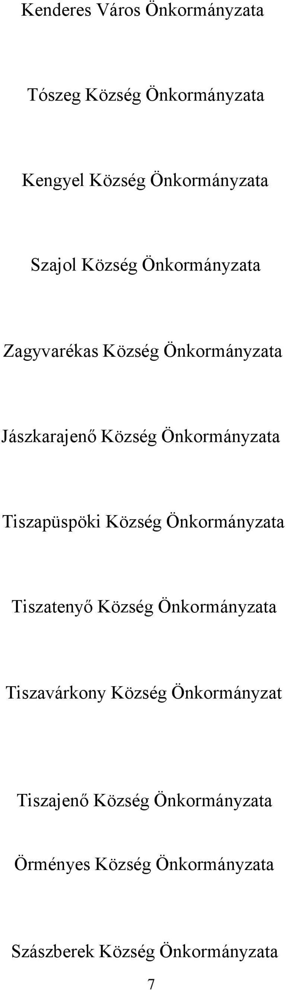 Tiszapüspöki Község Önkormányzata Tiszatenyő Község Önkormányzata Tiszavárkony Község