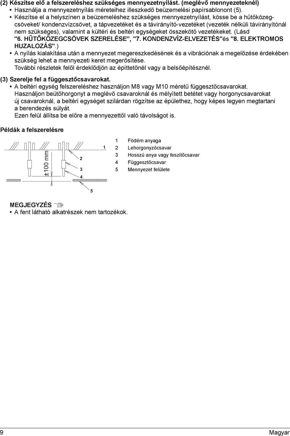 szükséges), valamint a kültéri és beltéri egységeket összekötő vezetékeket. (Lásd "6. HŰTŐKÖZEGCSÖVEK SZERELÉSE", "7. KONDENZVÍZ-ELVEZETÉS"és "8. ELEKTROMOS HUZALOZÁS".