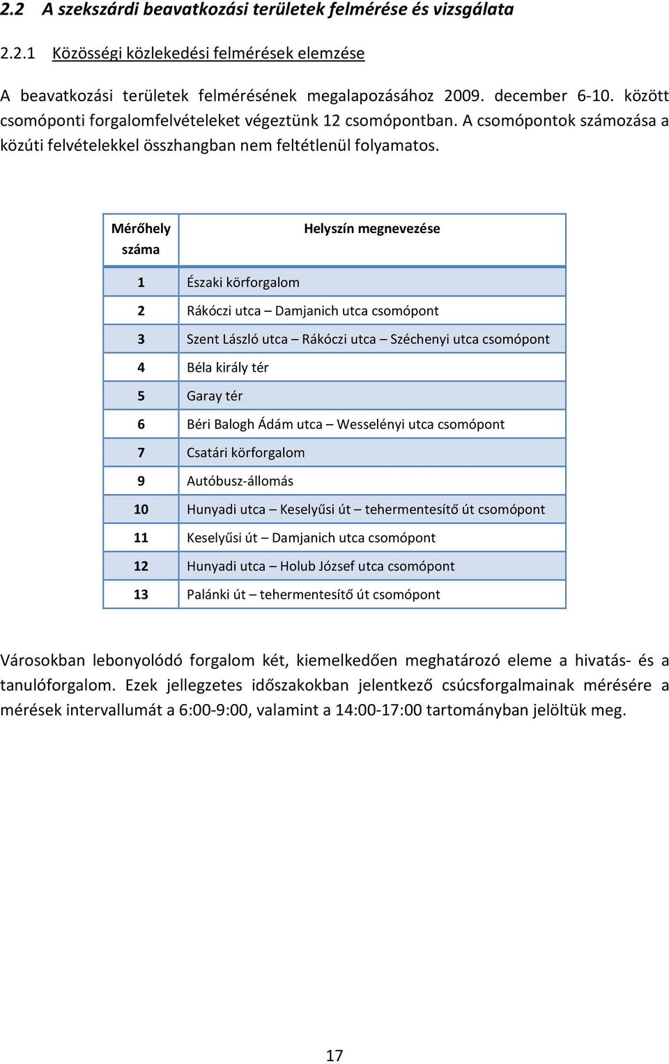 Mérőhely száma Helyszín megnevezése 1 Északi körforgalom 2 Rákóczi utca Damjanich utca csomópont 3 Szent László utca Rákóczi utca Széchenyi utca csomópont 4 Béla király tér 5 Garay tér 6 Béri Balogh