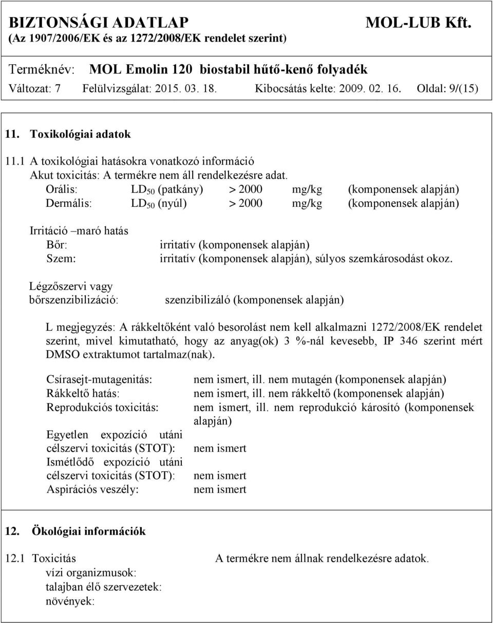 Orális: LD 50 (patkány) > 2000 mg/kg (komponensek alapján) Dermális: LD 50 (nyúl) > 2000 mg/kg (komponensek alapján) Irritáció maró hatás Bőr: Szem: Légzőszervi vagy bőrszenzibilizáció: irritatív